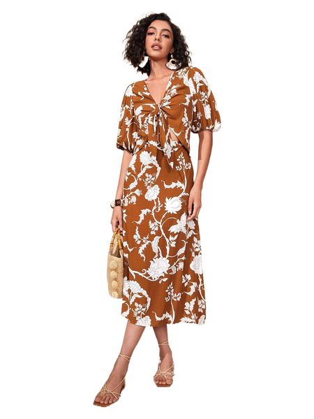 

plant print tie front puff sleeve dress r8pe#, Black;gray