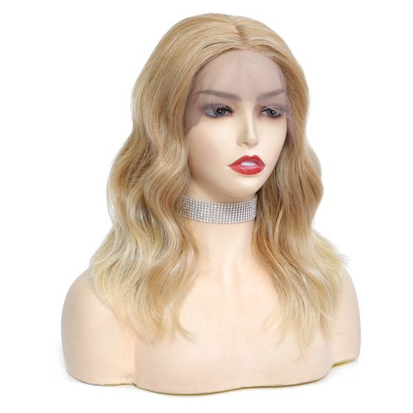 Honigblonde synthetische Lace-Front-Perücke, mittellange Perücken, mittlerer Teil, natürliche gewellte Spitzenperücke für weiße Frauen, Cosplayfactory direkt