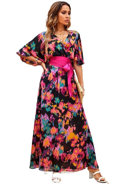 

allover print surplice neck belted dress 42dt#, Black;gray