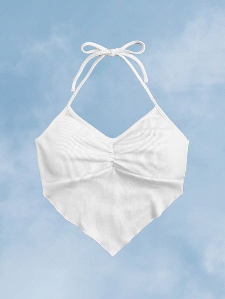 

romwe solid ribbed ruched halter h73p#, White