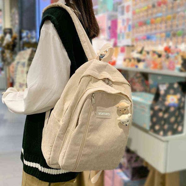 Backpack Style Bagstripe Cuteled Corduroy Mulher bolsa escolar para adolescente menino menino luxo Harajuku Feminino Feminino Lady Livro Pacote 220723