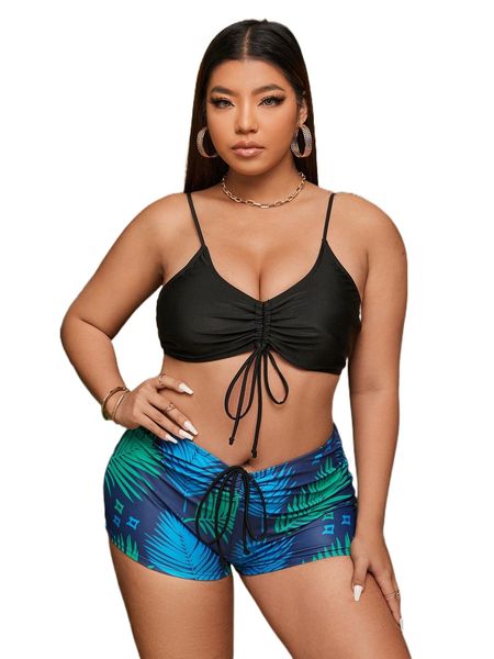 

plus plant print tie front bikini swimsuit g0li#, White;black