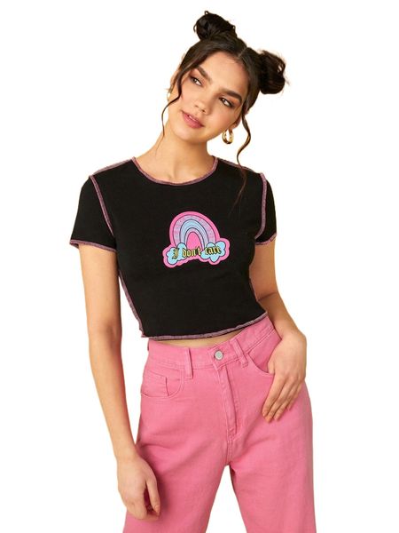 

x sticky geli slogan & cartoon graphic contrast stitch crop g1ev#, White