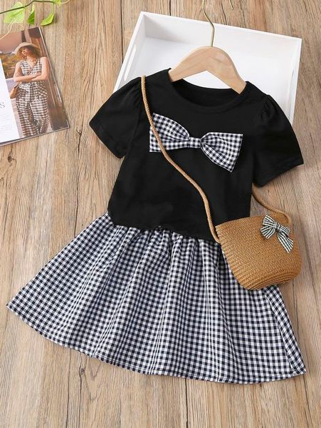 

toddler girls gingham bow front puff sleeve tee & skirt she01, White