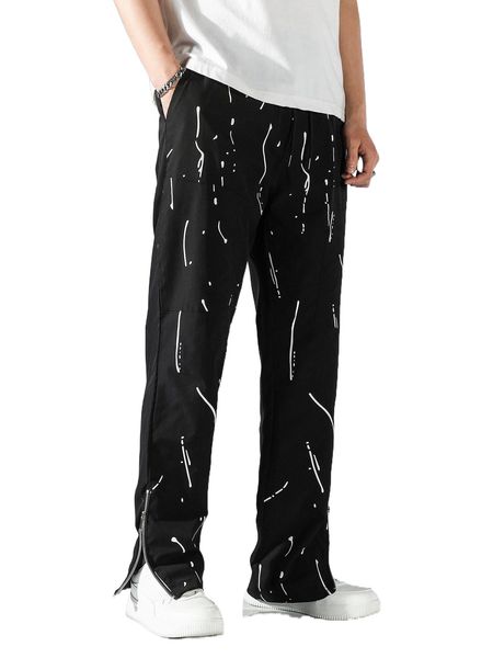 

men splash ink zipper side pants 866q#, Black