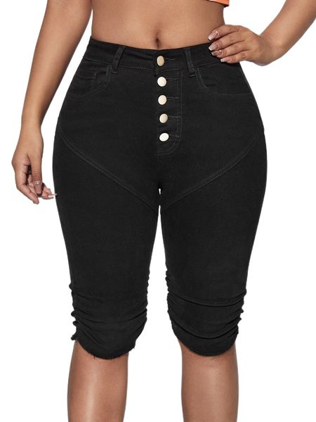 

sxy button front ruched raw hem skinny denim shorts a40v#, White;black
