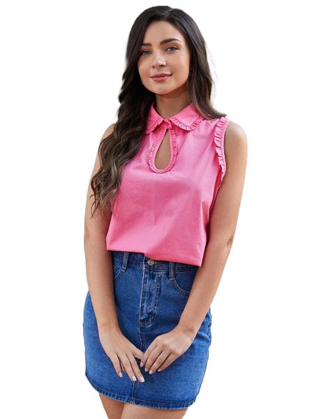 

frill trim keyhole front sleeveless blouse 667g#, White