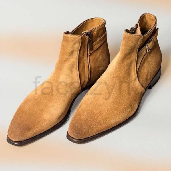 

boots designer suede men's cowboy boot low heel round head side zipper high business casual men, Black