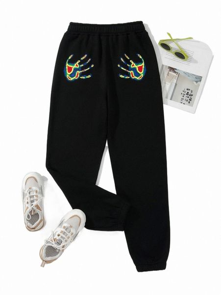 

hand print elastic waist sweatpants m1ev#, Black;white