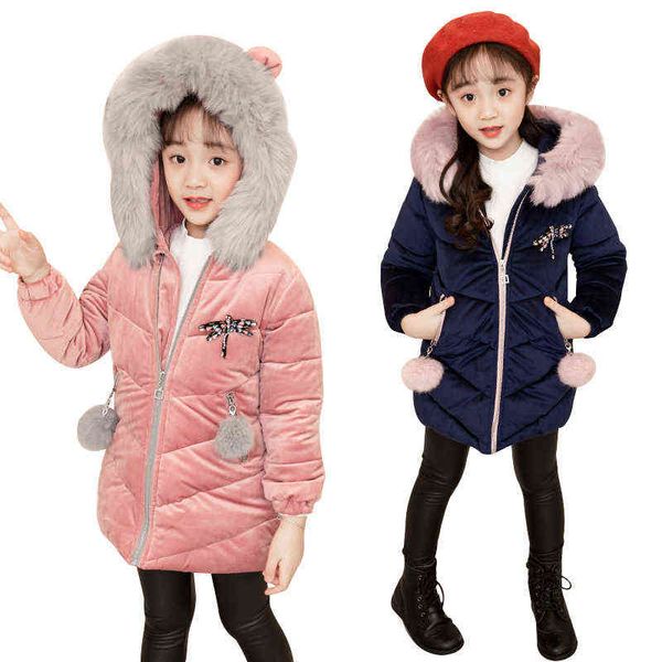 Giacca invernale da bambina in velluto di media lunghezza in cotone spesso Bambina Dragoy Corpetto collo in pelliccia con cappuccio Giacca calda moda ragazza J220718