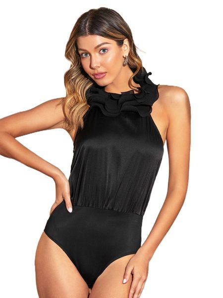 

x venice ventura solid ruffle trim backless bodysuit o2xw#, White