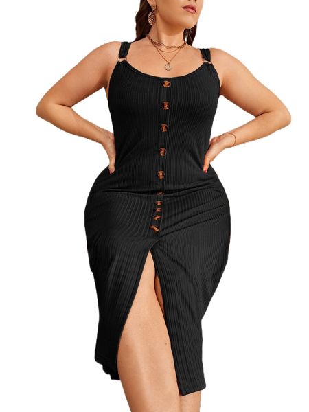 

plus fake button slit front tank dress s1v2#, Black