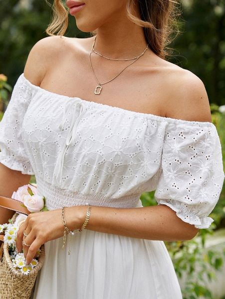 

simplee off shoulder eyelet embroidery ruffle hem shirred waist dress i1qq#, Black;gray