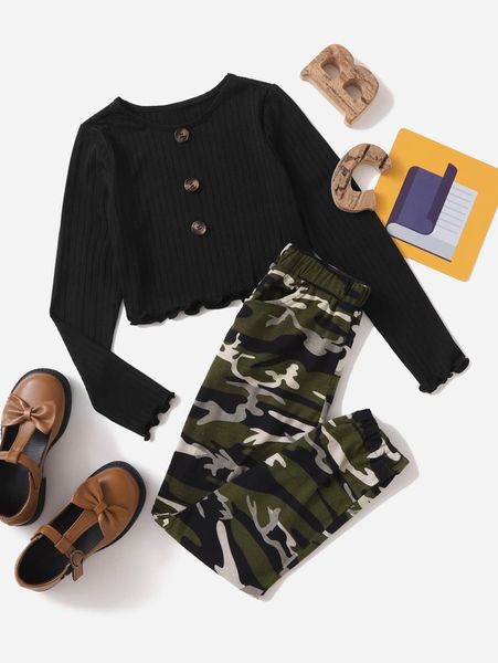 

girls rib-knit lettuce trim & camo print pants she, White
