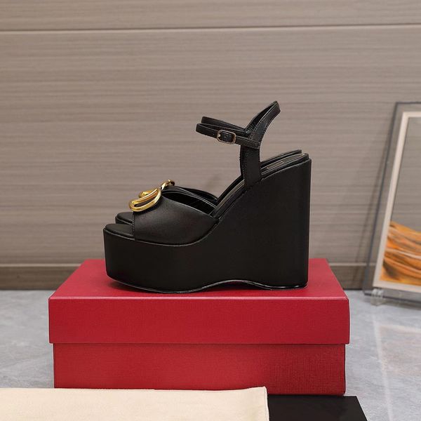 

2022 fashion high heels womens sandals thick soled leather wedding shoes fishermans shoes luxury female designer wild wedge comfortable sand, Black