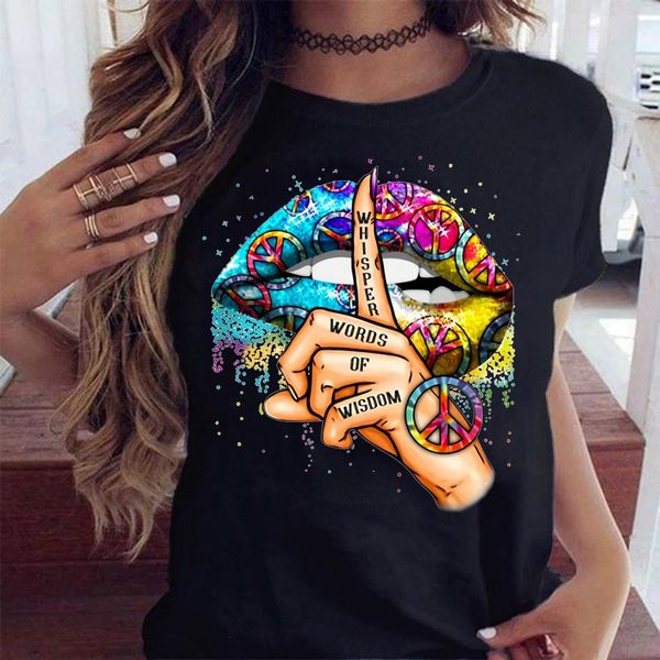 Wvioce Lippen Aquarell Grafik T-shirt Lip Frauen Tops Oansatz Sexy Schwarz Tees Kuss Lustige Sommer Weibliche Weiche 9180