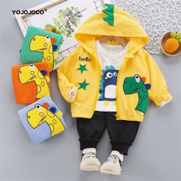 0-4 anos de idade bebê menino roupas primavera e outono terno desenhos animados dinossauro camisola com capuz casual três peça 220326