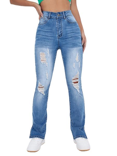 

ripped split hem flare leg jeans m9js#, Blue