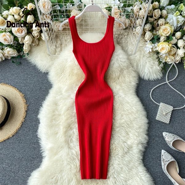 Kadın Kalem Elbise Tank Kollu Kare Bodycon Seksi Vestidos Kpop Vintage Ol Elastik Örme Kadın Yaz Elbiseleri 226014