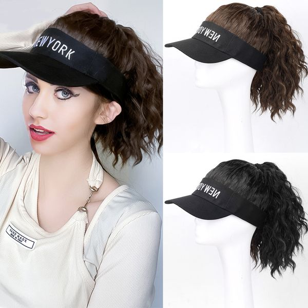 

2022 new trending hat-wig hat wig hats hair extension corn synthetic hair high ponytail long curly woman headgear fluffy whole wigs female w, Blue;gray