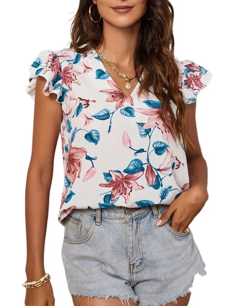 

floral print butterfly sleeve blouse t8ua#, White