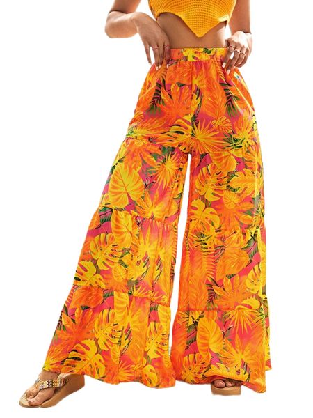 

tropical print ruffle hem wide leg pants d6oq#, Black;white