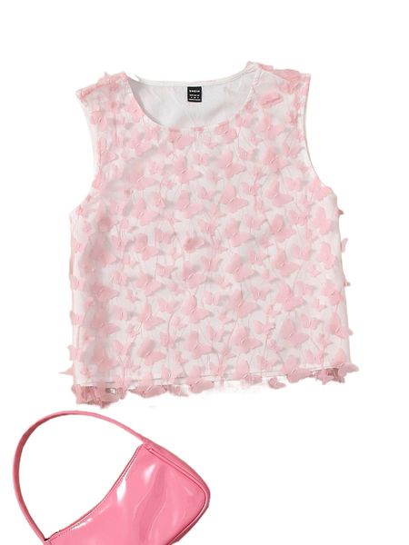 

butterfly appliques mesh tank blouse n7ms#, White