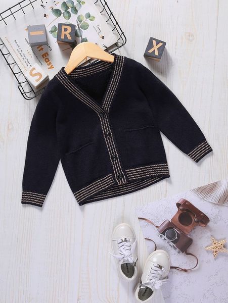 

toddler boys striped trim dual pocket cardigan she, Blue