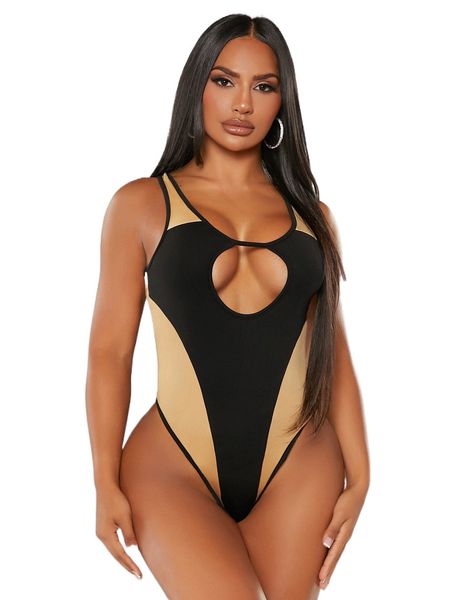 

sxy two tone contrast binding cut out tank bodysuit f2cm#, White