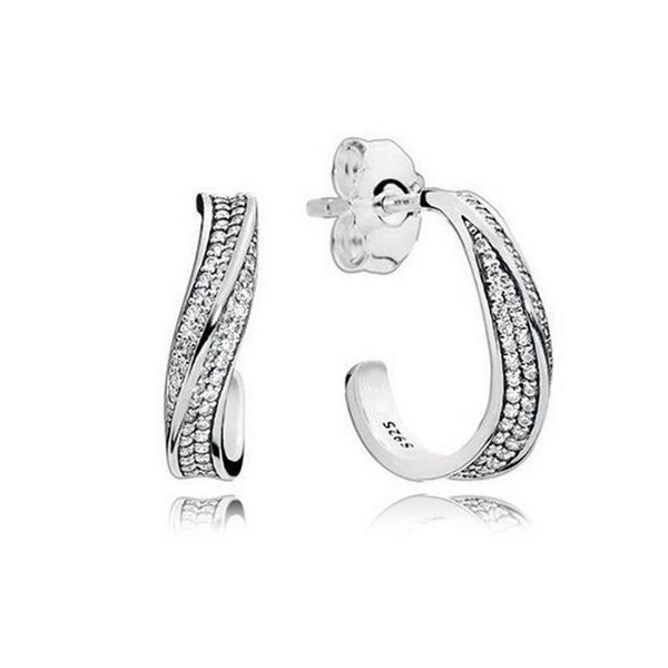 

sparkling cz diamond pave wave stud earrings womens wedding gift with original box set for pandora 925 sterling silver hoop earrings, Golden;silver