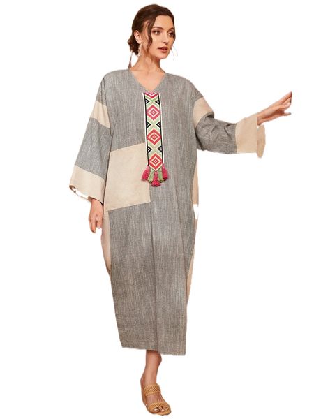 

geo embroidery color block tassel trim dress 42kk#, Black;gray