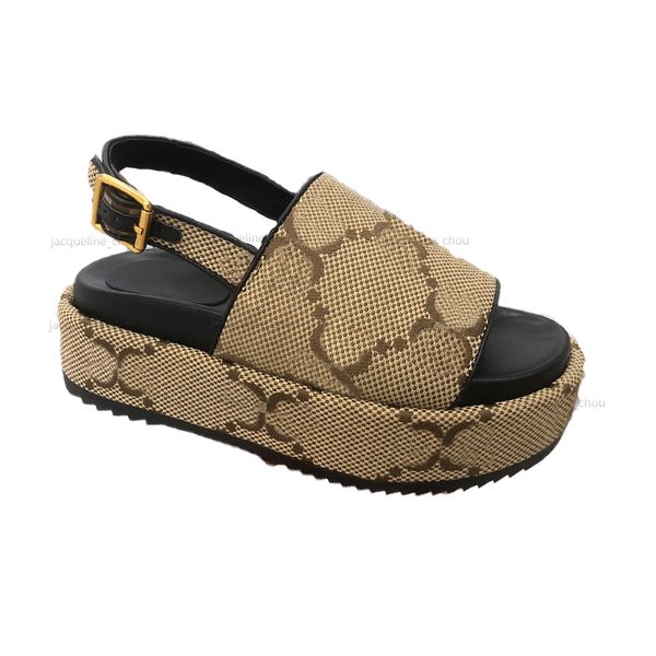 Sommer-Stickerei-Segeltuch-Sandale, berühmte Designerin, Damen-Kissenschieber, Damen-Plattform-Sandalen, Slingback-Schuhe, dicker Boden, Knöchelriemen, Größe 35–44