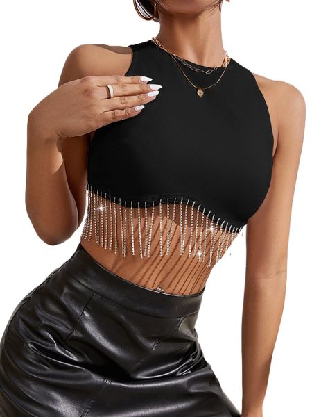 

rhinestone fringe zip back tank c6jr#, White