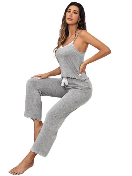 

lace detail tie front lettuce trim pj set 54zb#, Black;red