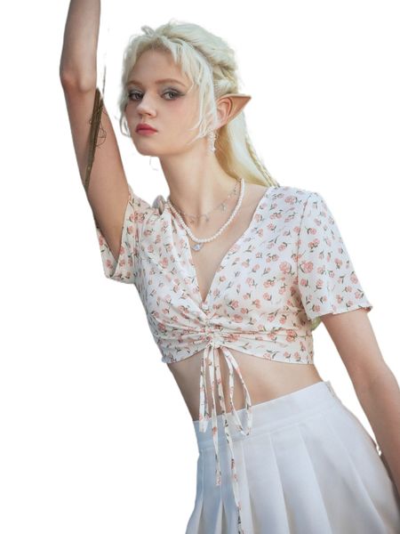 

romwe ditsy floral drawstring crop g1ct#, White
