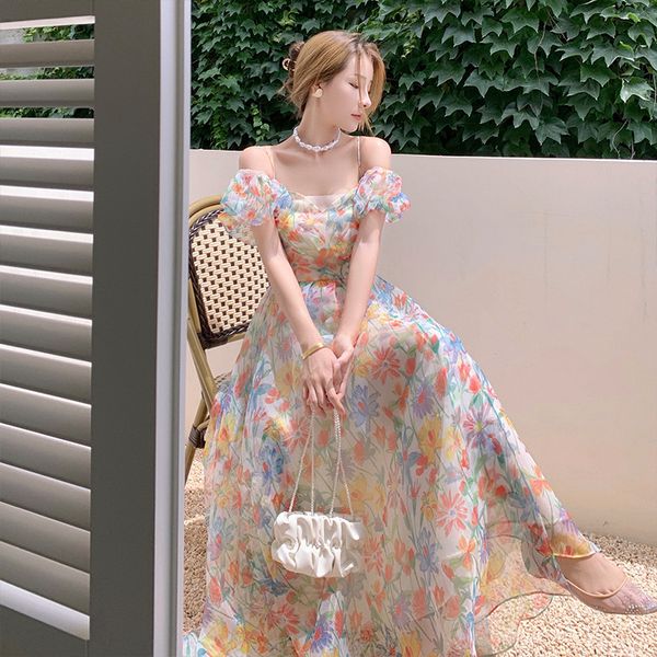 

2022 summer french vintage floral dress one-shoulder puff sleeve backless slip dresse legant temperament women's clothing cx220510, Black;gray