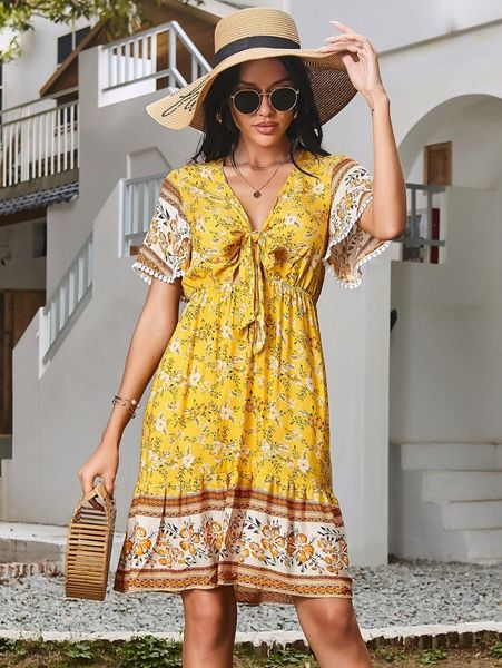 

tie front lace trim ruffle hem floral dress x1tj#, Black;gray