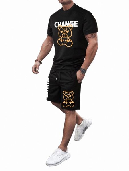 

men bear & letter graphic tee & drawstring waist shorts y8av#, Gray