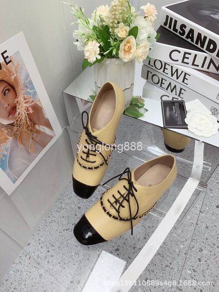 

dress shoes chain decoration small square head color matching single shoes women's flat early autumn lace up deep mouth british, Black