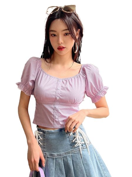 

dazy gingham button through puff sleeve blouse w6xm#, White