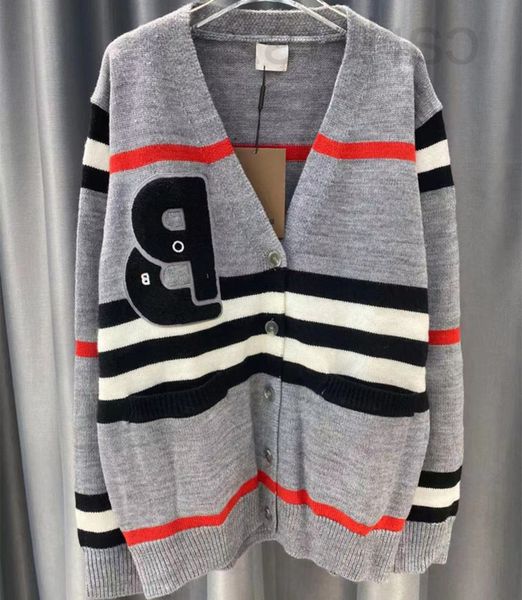 

women's knits & tees designer straight 2022 early autumn casual knit v-neck stripe color contrast letter embroidery long sleeved cardig, White