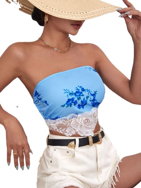 

floral print lace panel tube 88ur#, White