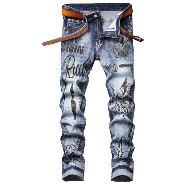 

new trend men's jeans printed straight pants mid-waist casual hip hop denim clothing slim stretch fashion trousers nn83jk, Blue