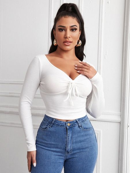 

ruched knot front rib-knit crop tee w3e1#, White
