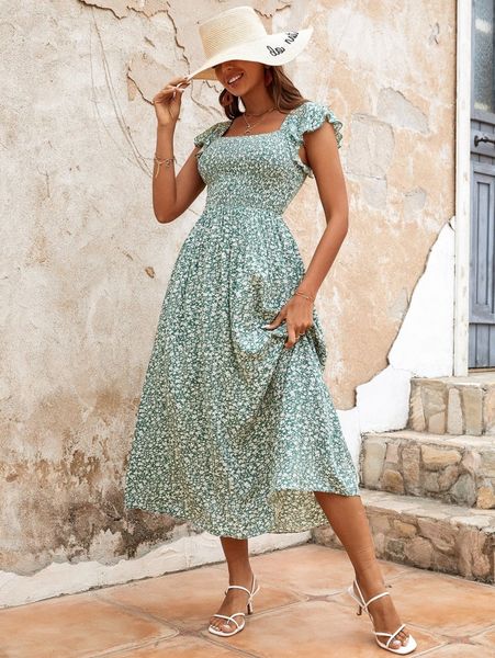 

ditsy floral ruffle trim shirred dress 79st#, Black;gray