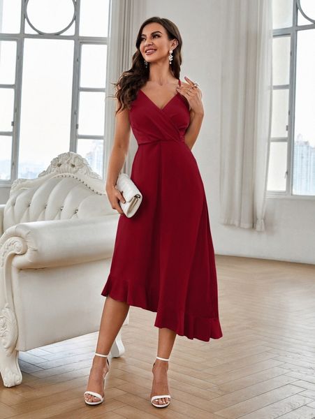 

criss cross back asymmetrical ruffle hem cami dress y7o5#, Black;gray