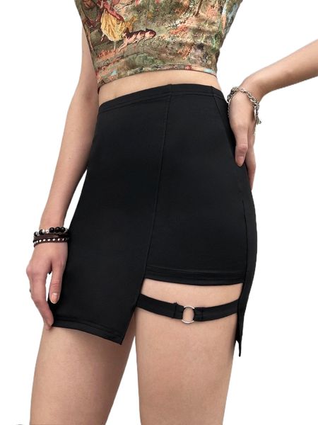 

o-ring detail asymmetrical hem skirt p6il#, Black