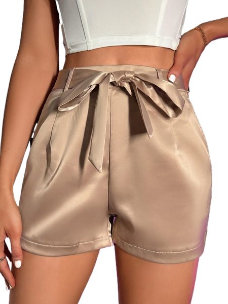 

high waist belted satin shorts 965g#, White;black