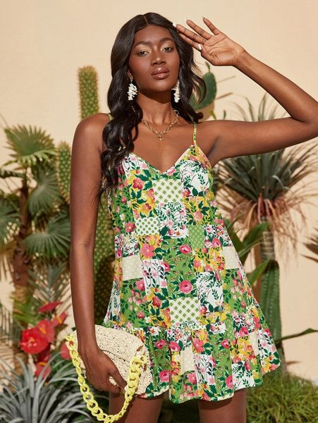 

patchwork print ruffle hem slip dress b42b#, Black;gray