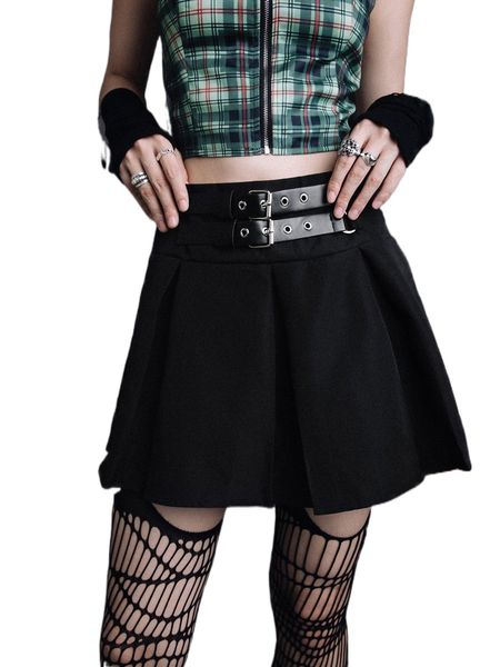 

romwe dark academia solid grommet eyelet pleated skirt s8ol#, Black